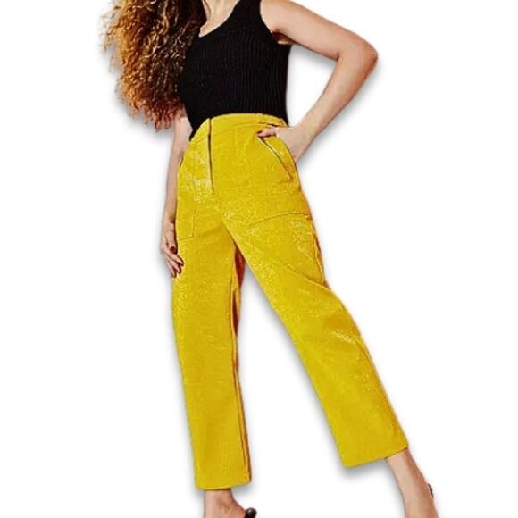 Royalty By Maluma Pants Faux Leather High Waisted Zipper Accents Yellow W 0 NWT - Picture 1 of 10